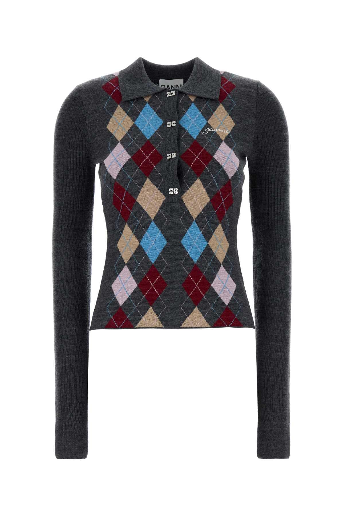 ganni dark grey wool polo shirt