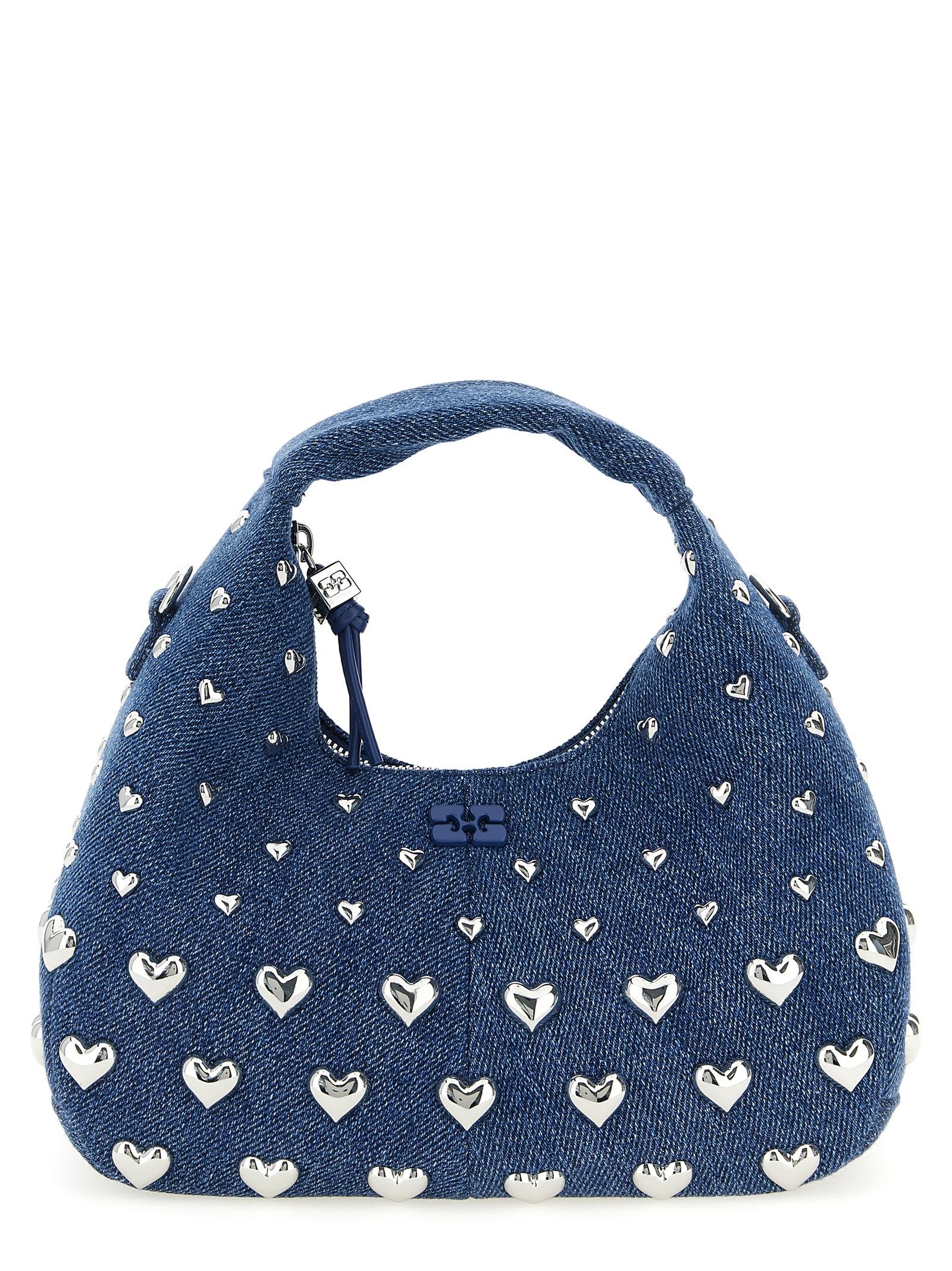 ganni denim stud mini hobo handbag blue recycled cotton hand bags - women