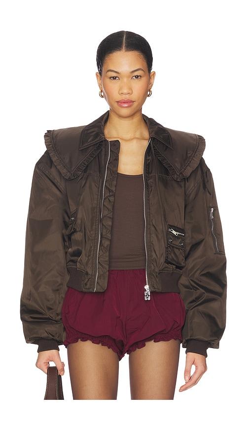 ganni duchesse nylon bomber jacket in brown.