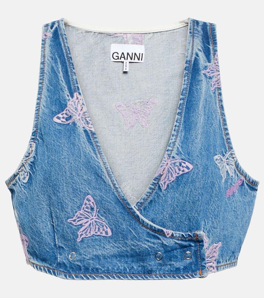 ganni embroidered denim crop top