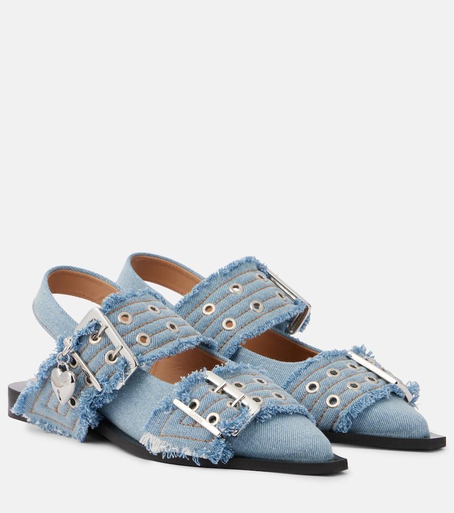ganni feminine buckle denim ballet flats