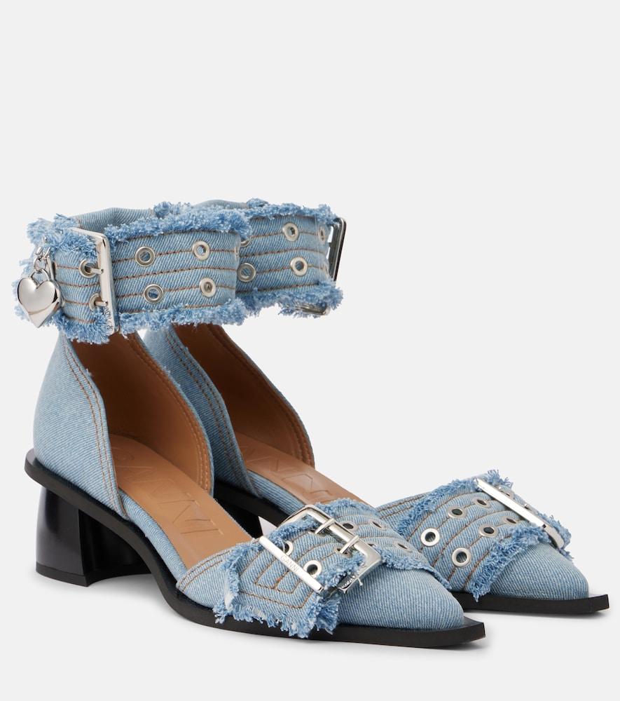 ganni feminine buckle denim pumps