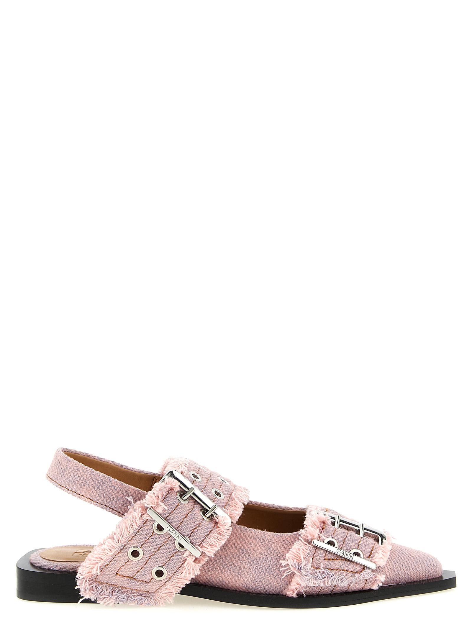 ganni feminine buckle fringed denim slingback pink organic cotton flat shoes - women