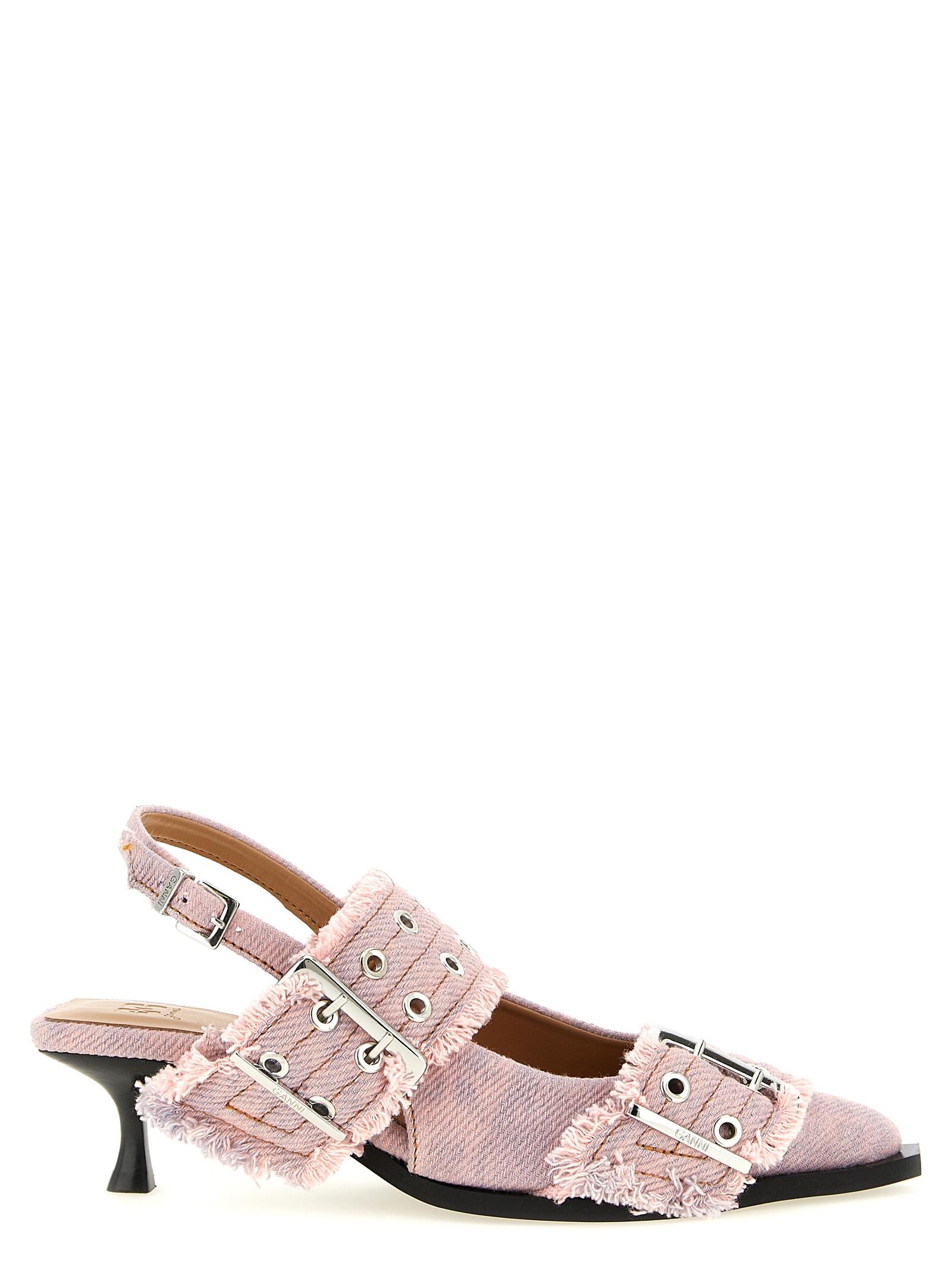 ganni feminine buckle fringed denim slingback pink organic cotton pumps - women