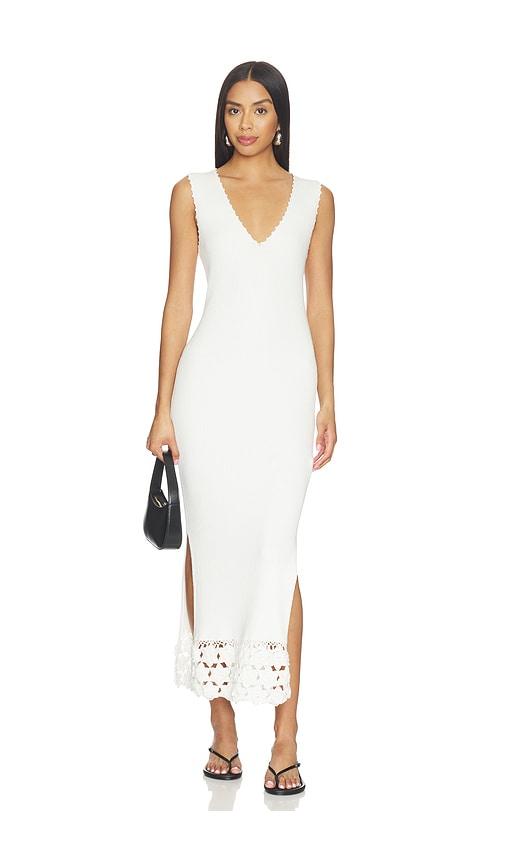 ganni fine cotton rib crochet v-neck dress in white.
