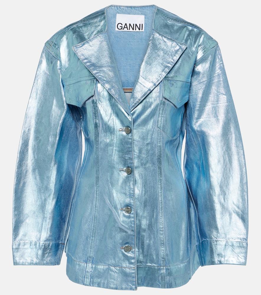 ganni foil metallic denim blazer