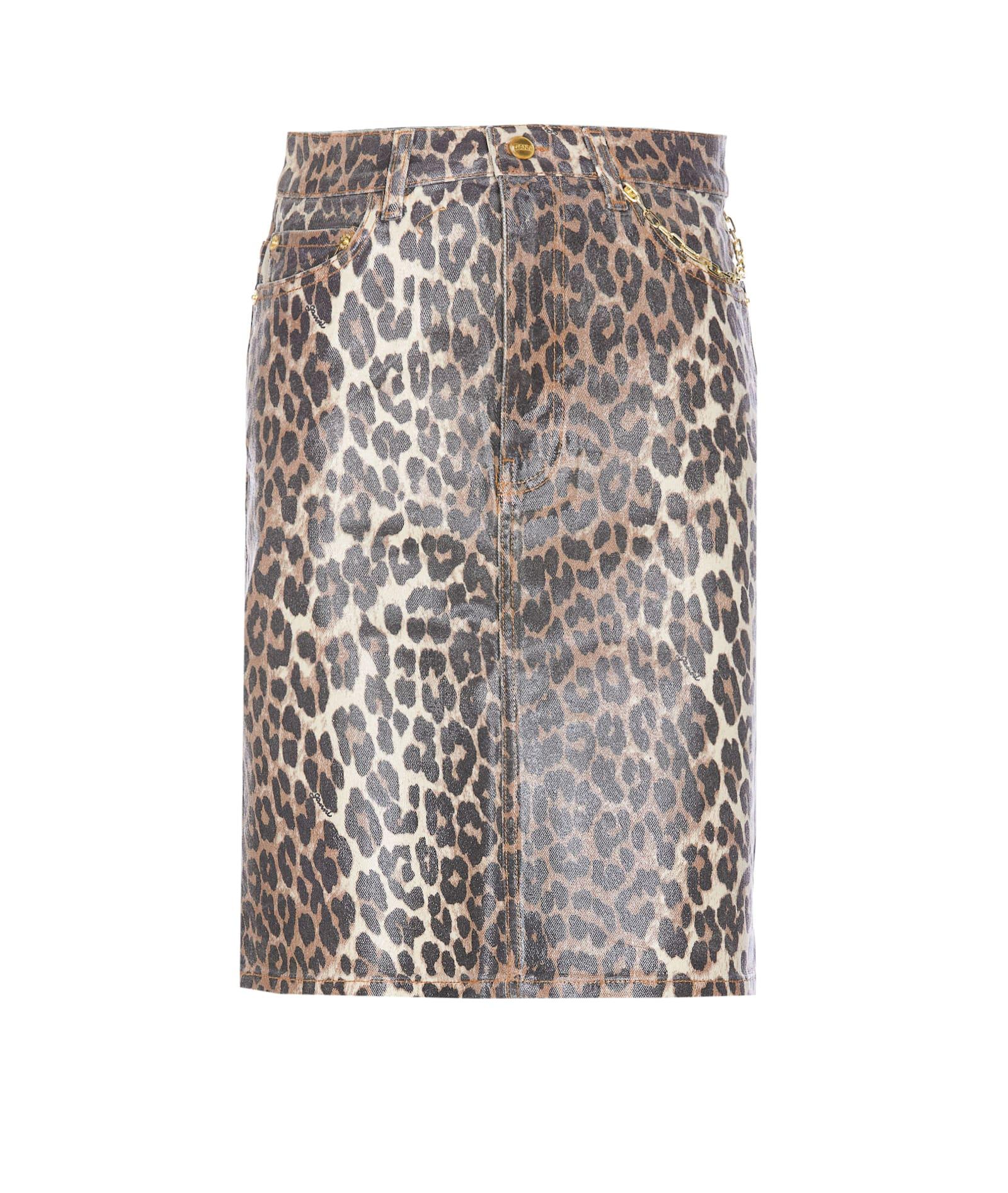 ganni foil print denim leopard skirt