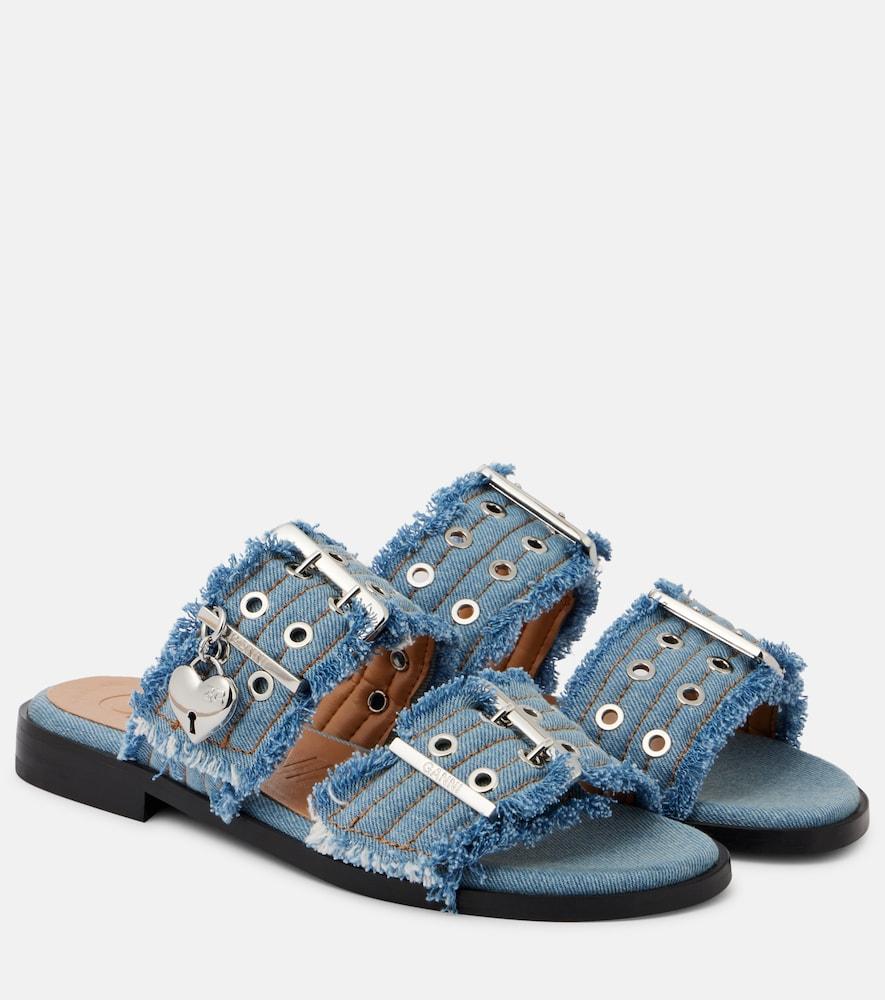 ganni fringed denim sandals
