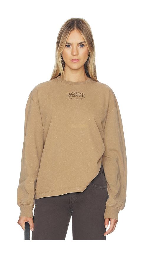 ganni future essentials washed effect long sleeve pullover in brown.