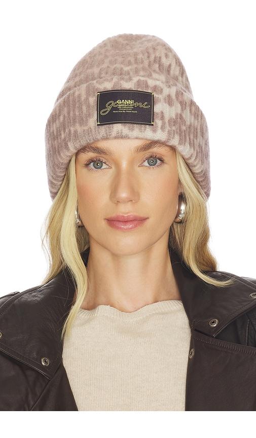 ganni graphic mix printed leopard beanie in brown.