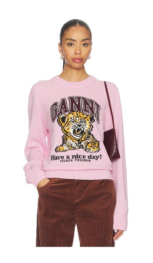 ganni graphic wool sweater in pink.