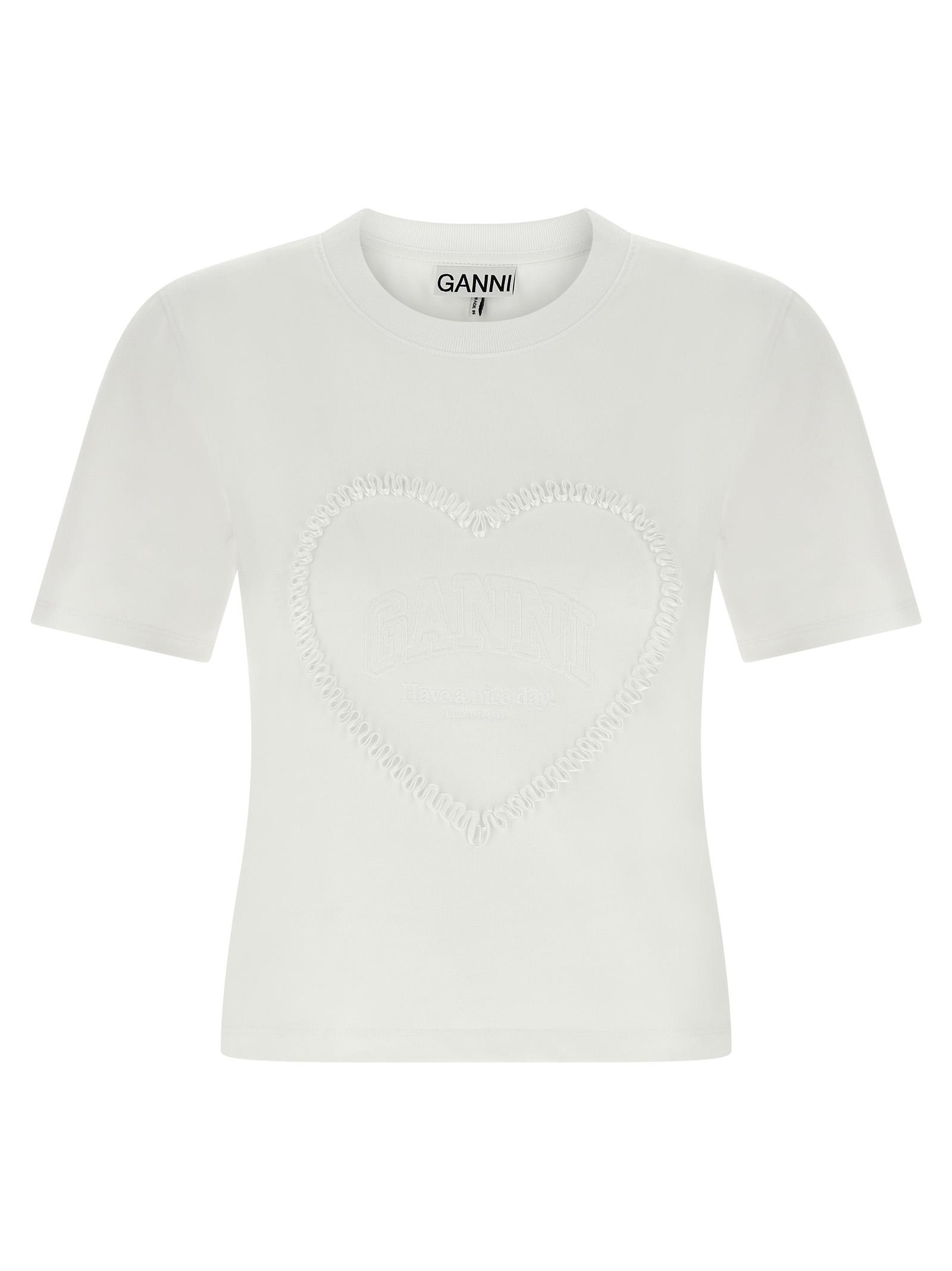 ganni heart embroidery t-shirt white organic cotton - women