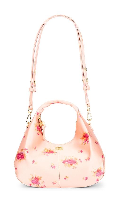 ganni hobo mini printed satin bag in peach.