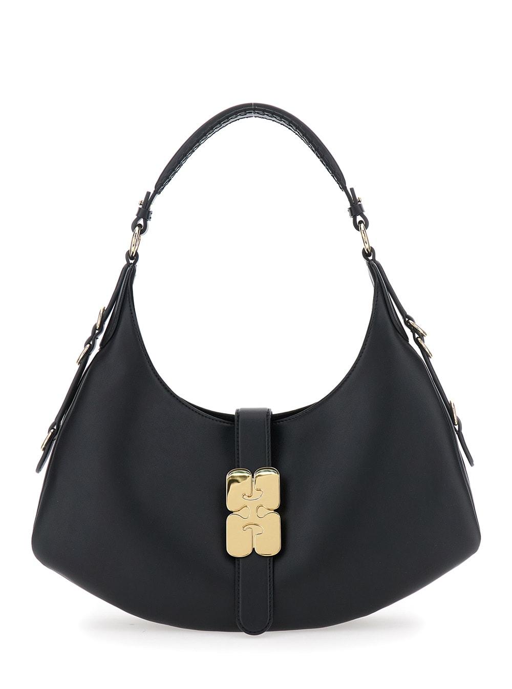 ganni kat small black shoulder bag with adjustable handle and logo plate on the front in leather women