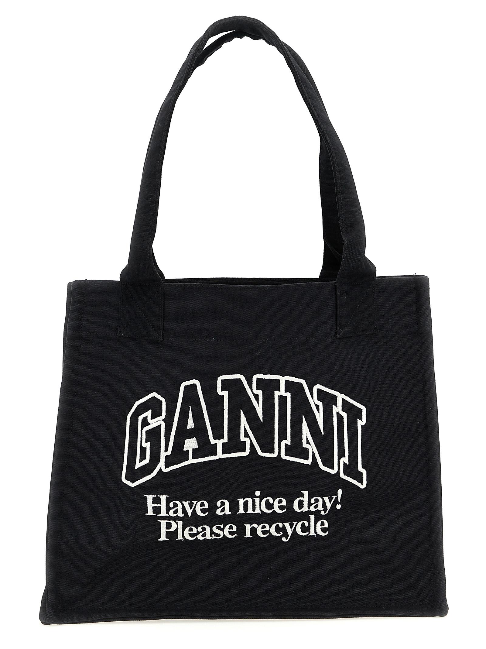 ganni large easy shopper contrasted logo shopping bag white/black recycled cotton tote - women