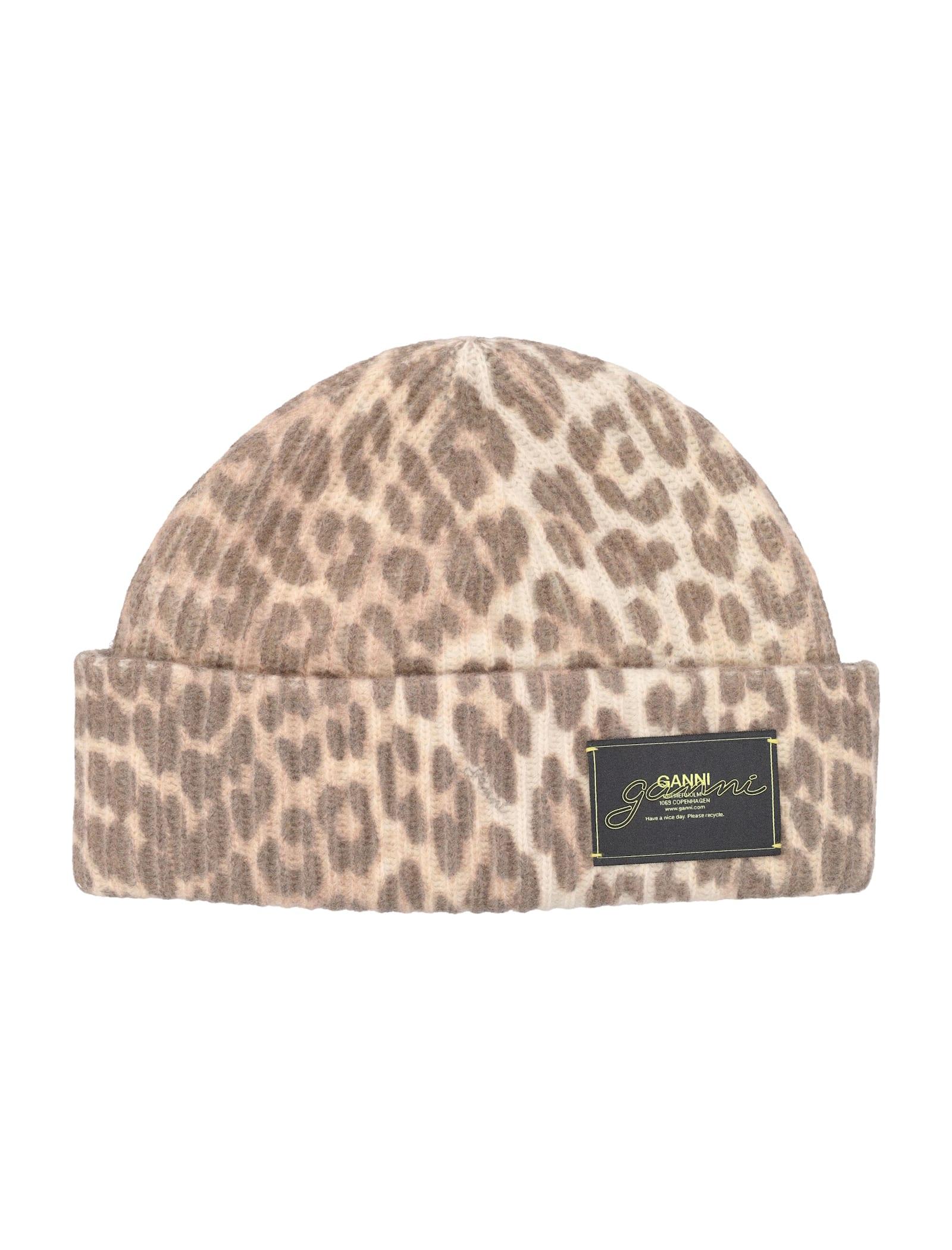 ganni leopard beanie