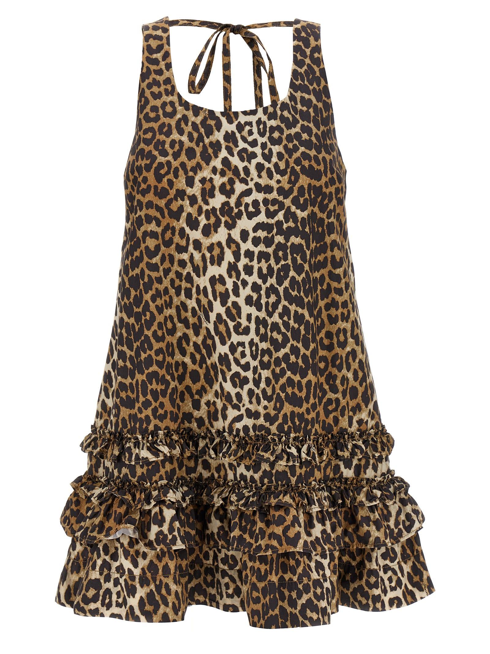 ganni leopard cotton poplin mini dress