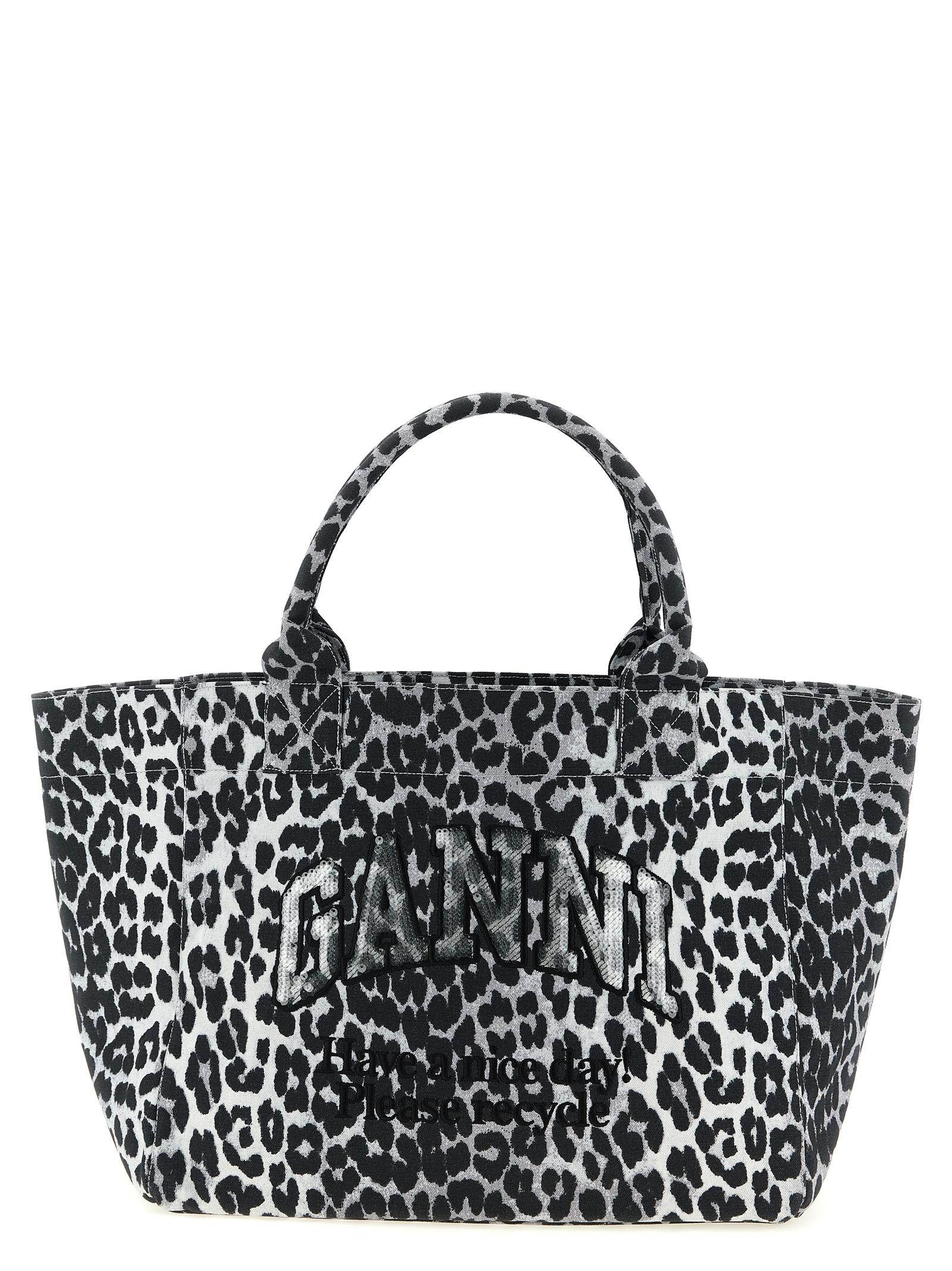 ganni leopard medium tote shopping bag gray recycled cotton - women