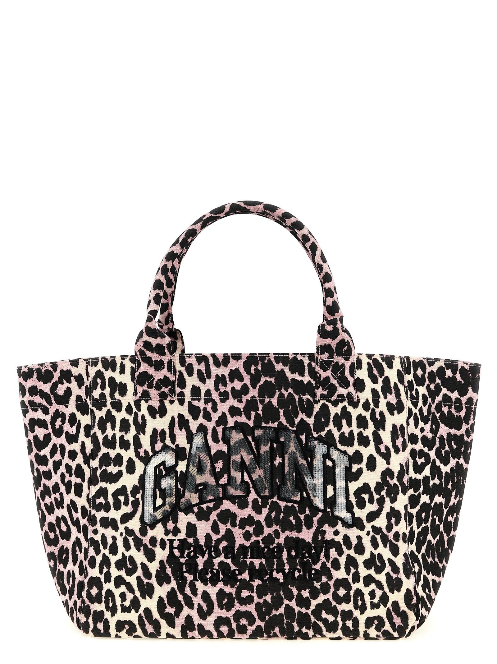 ganni leopard medium tote shopping bag pink recycled cotton - women
