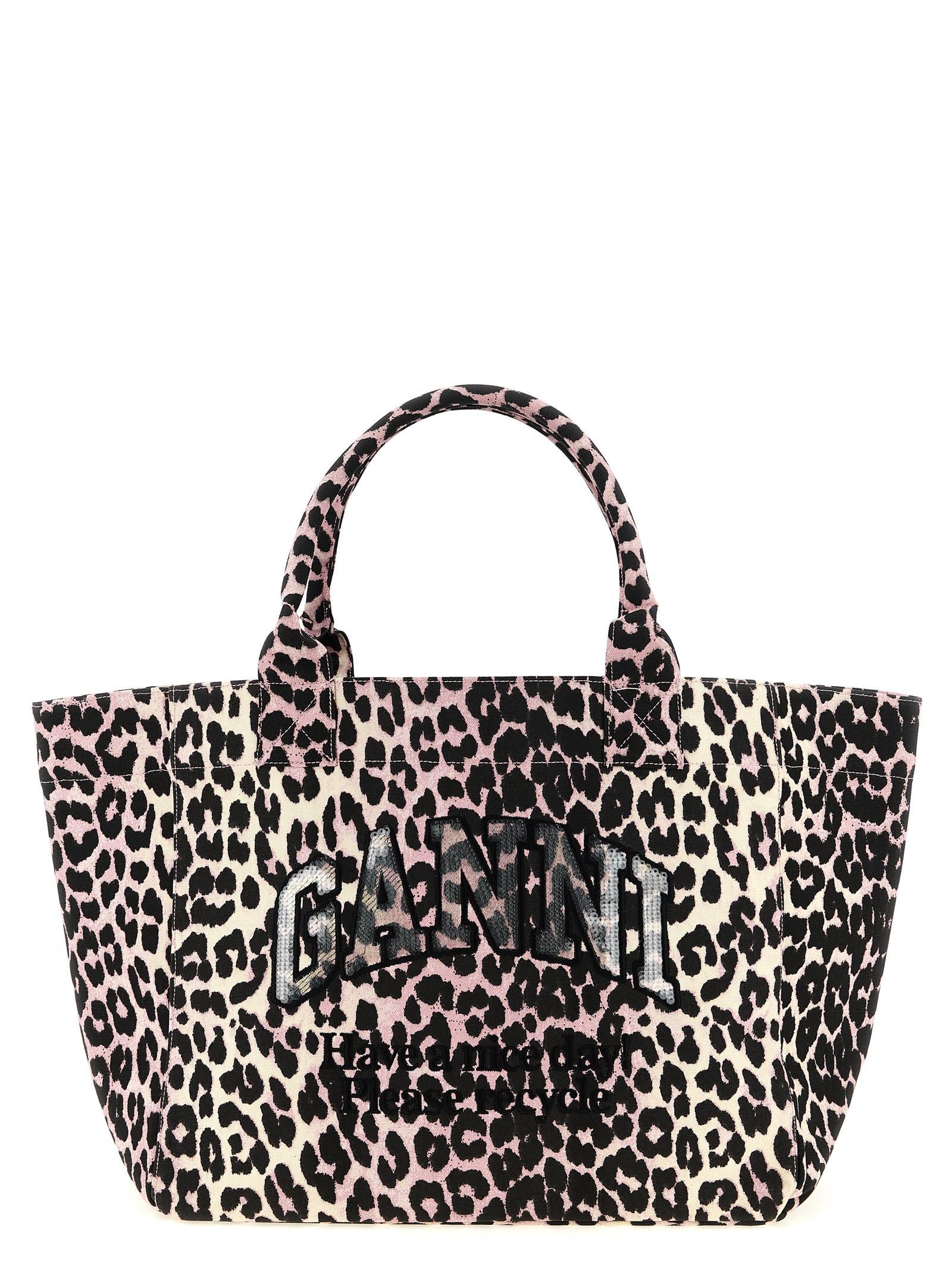 ganni leopard medium tote shopping bag