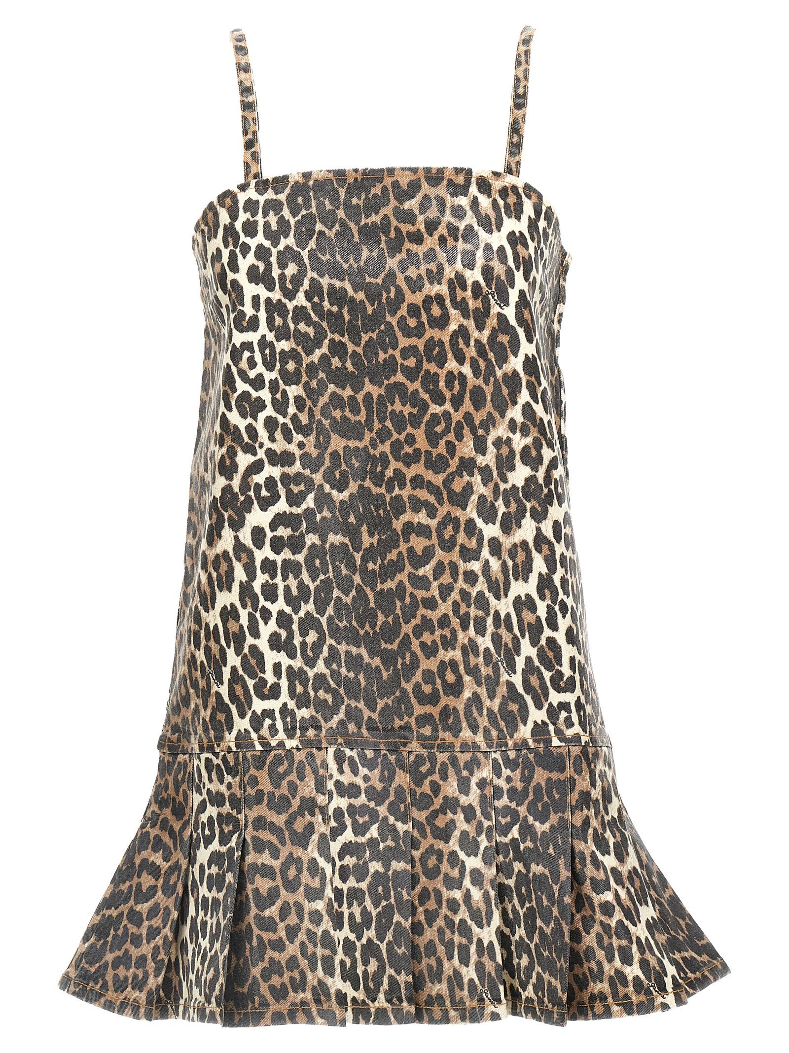 ganni leopard mini dress multicolor cotton - women