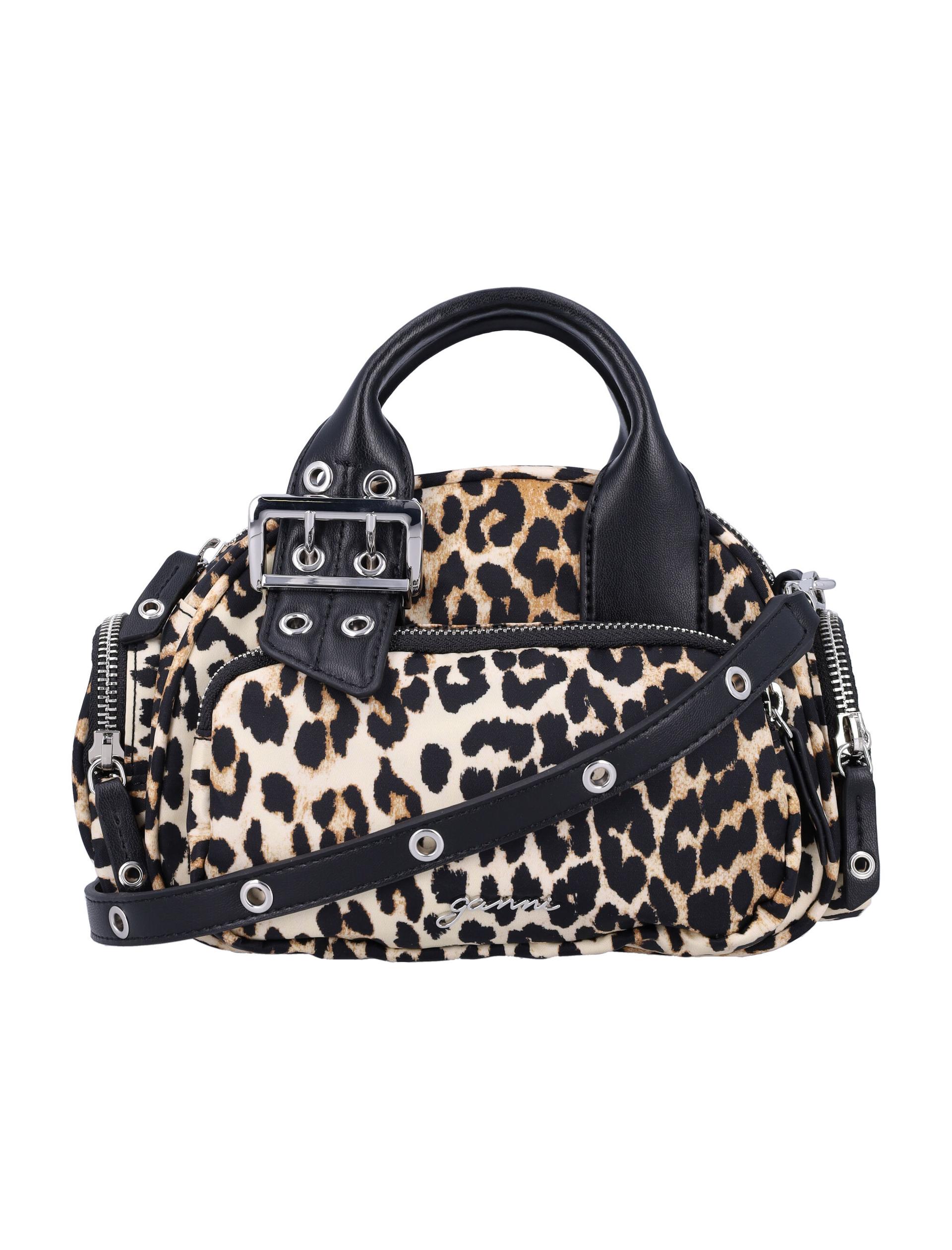 ganni leopard mini polochon bag print recycled nylon shoulder - women