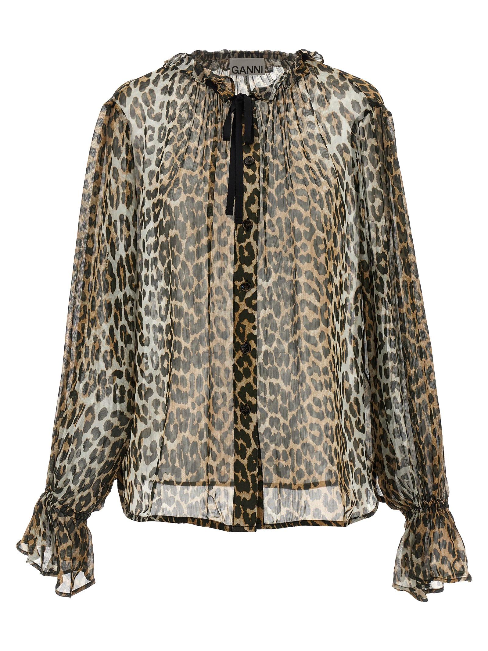 ganni leopard print chiffon tie string shirt