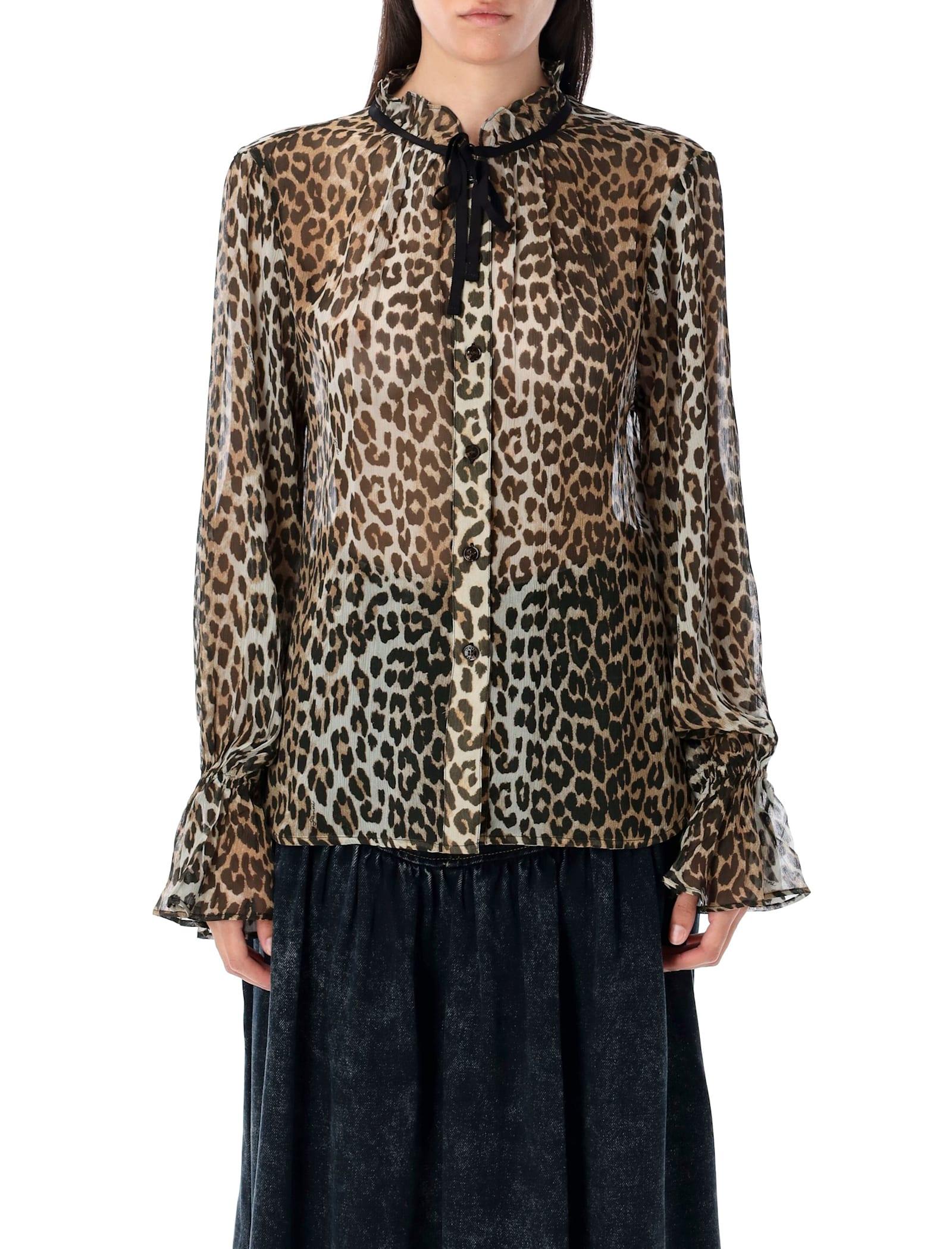 ganni leopard print chiffon tie string shirt