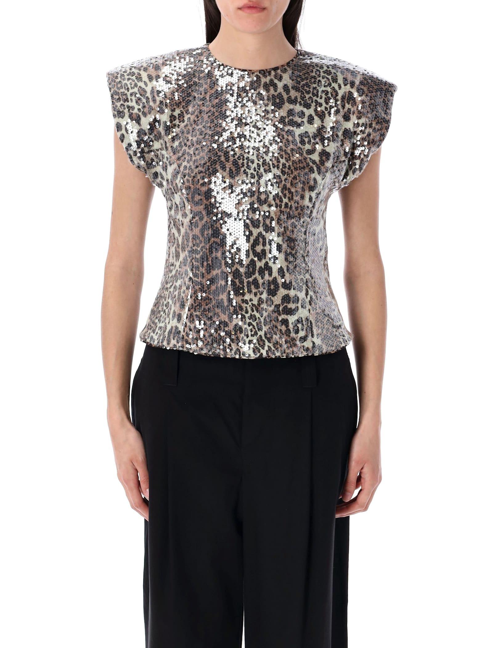 ganni leopard print sequined top