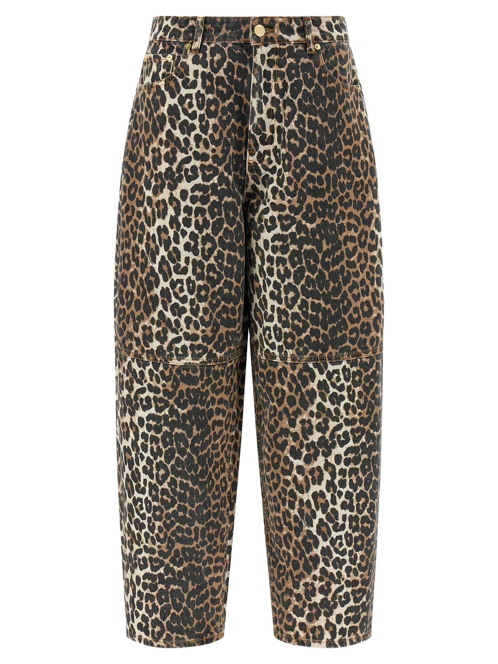 ganni leopard printed stary jeans brown organic cotton - women