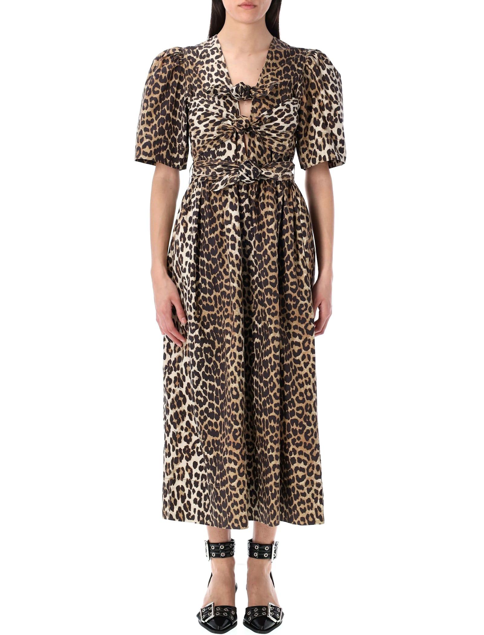 ganni leopard printed tie strap midi dress