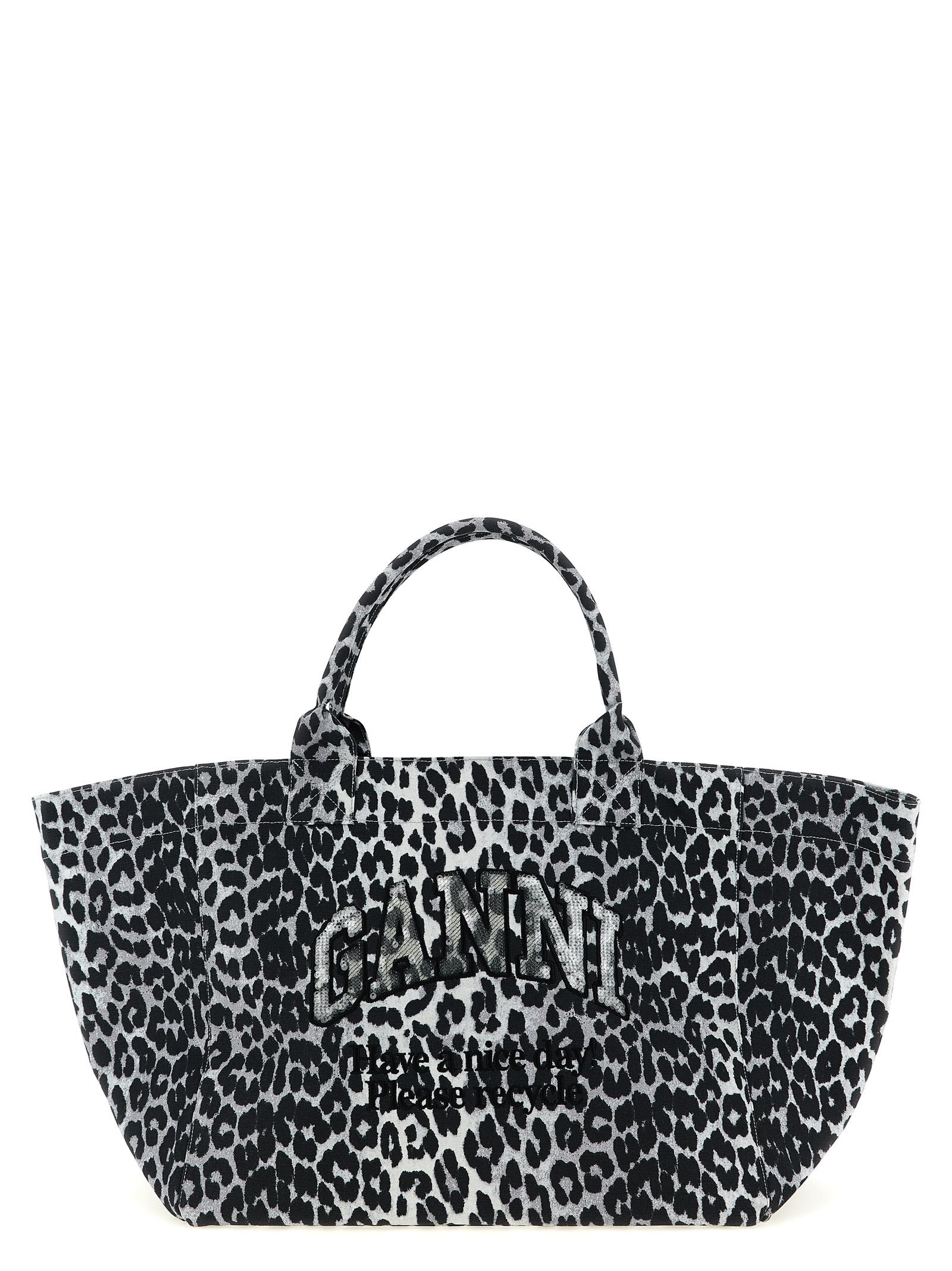ganni leopard sequin xxl tote shopping bag gray recycled cotton - women