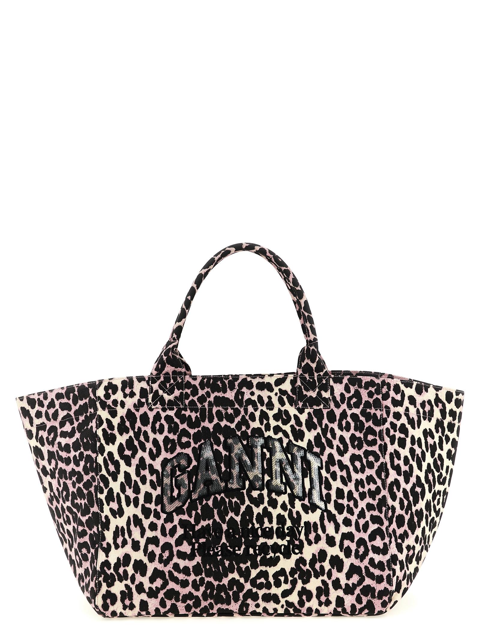 ganni leopard sequin xxl tote shopping bag pink recycled cotton - women