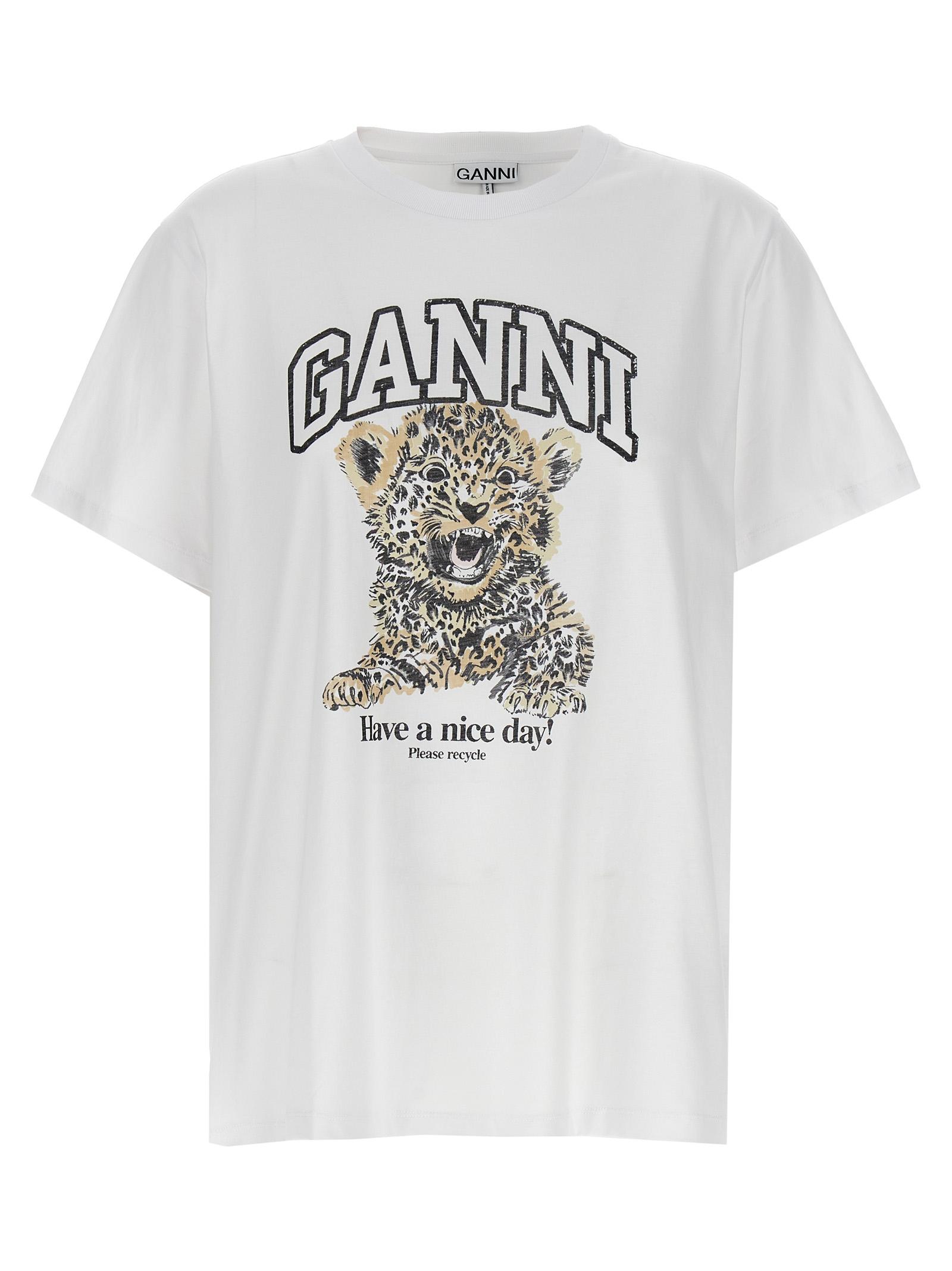 ganni leopard t-shirt white cotton - women