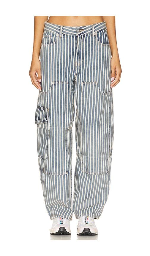 ganni light stripe denim carpenter jeans in blue.