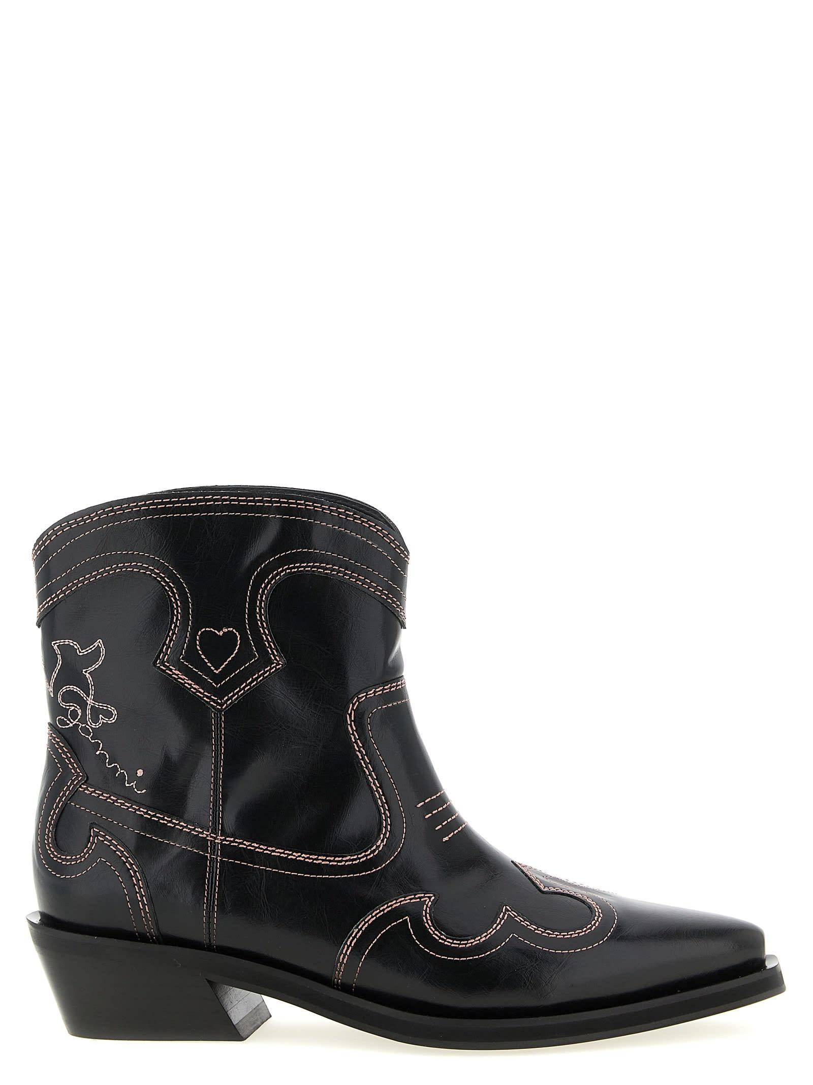 ganni low shaft embroidered western ankle boots