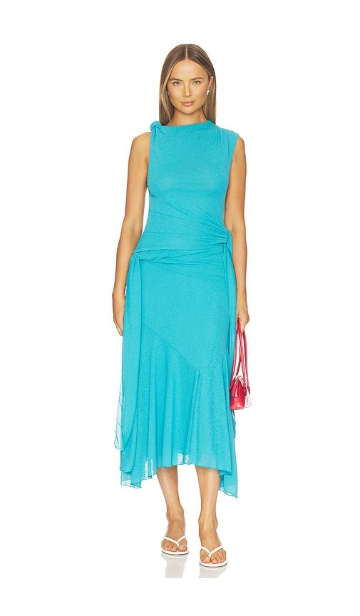 ganni marl mesh draped knot detailing long dress in blue.