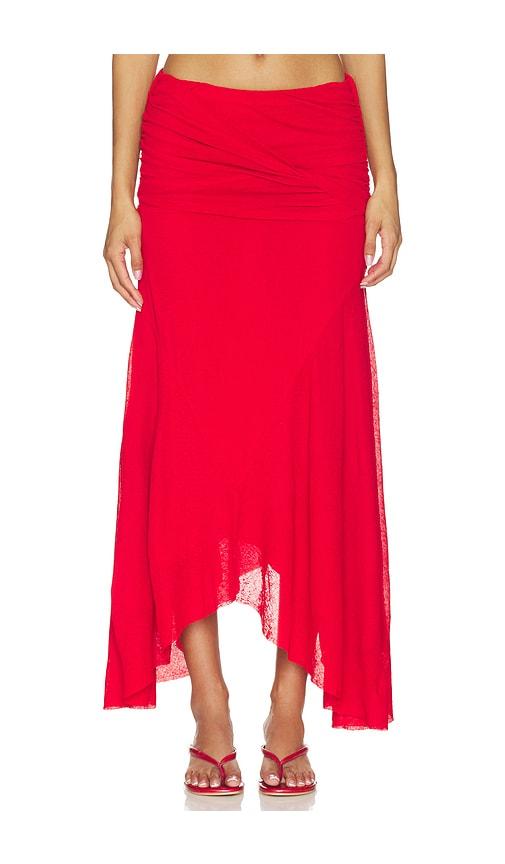 ganni marl mesh draped long skirt in red.