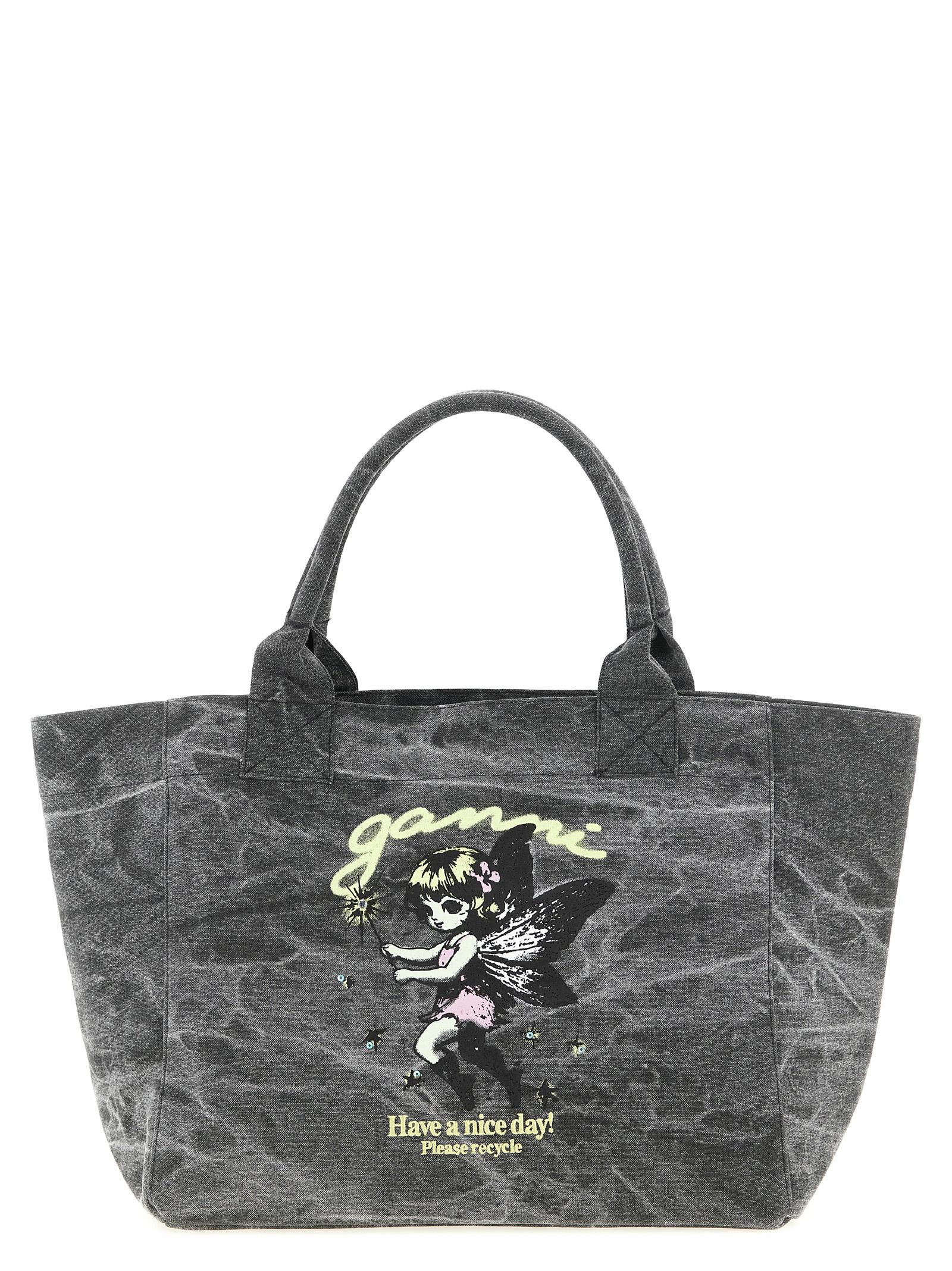 ganni medium fairy shopping bag black recycled cotton tote - women