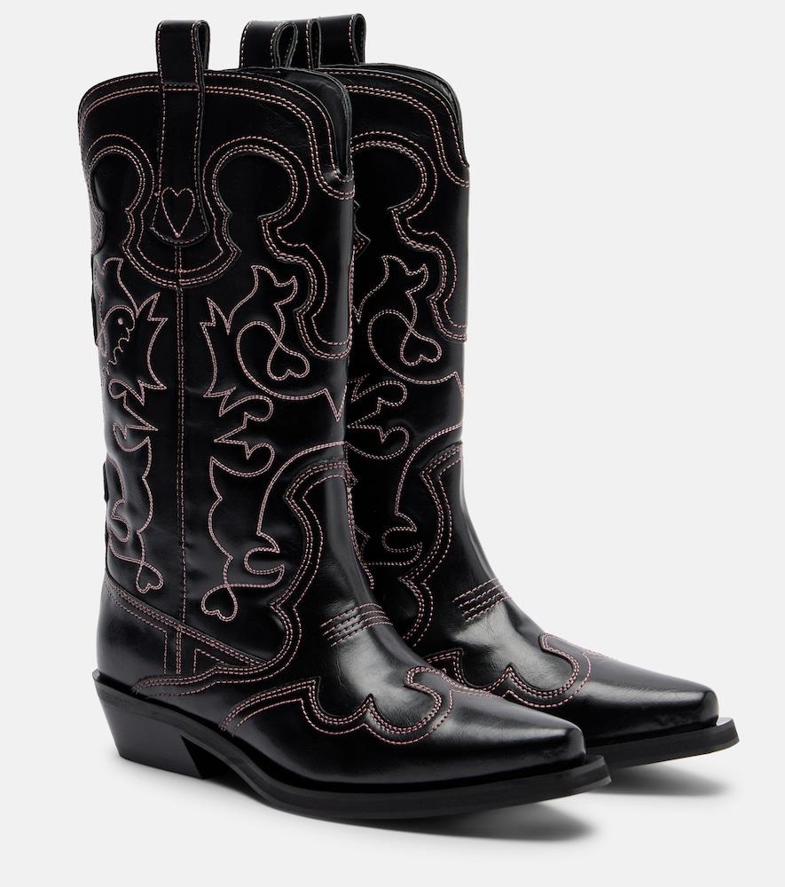 ganni mid shaft embroidered cowboy boots