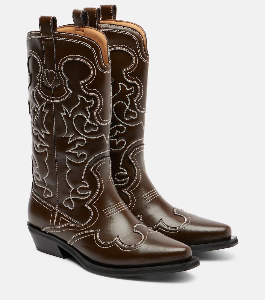 ganni mid shaft embroidered cowboy boots