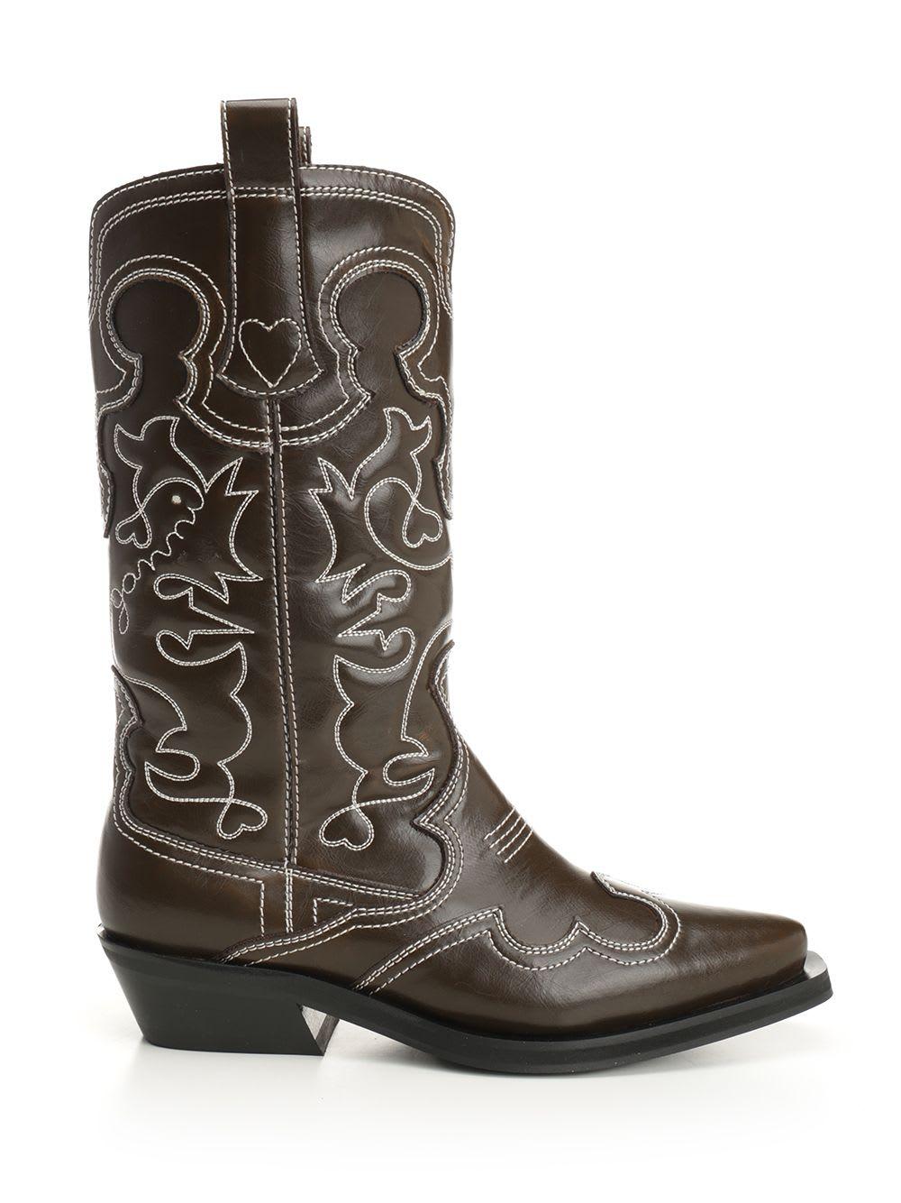 ganni mid shaft embroidered western boot oleatex