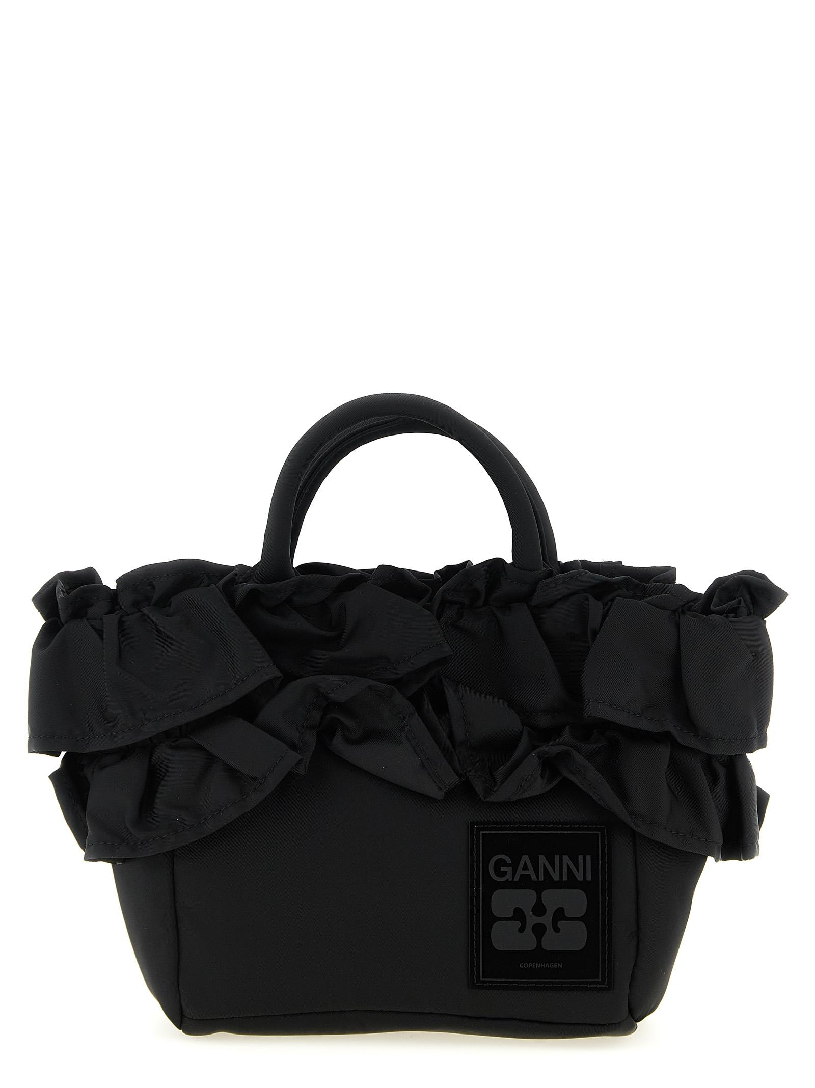 ganni mini shopper ruffle handbag black recycled nylon hand bags - women