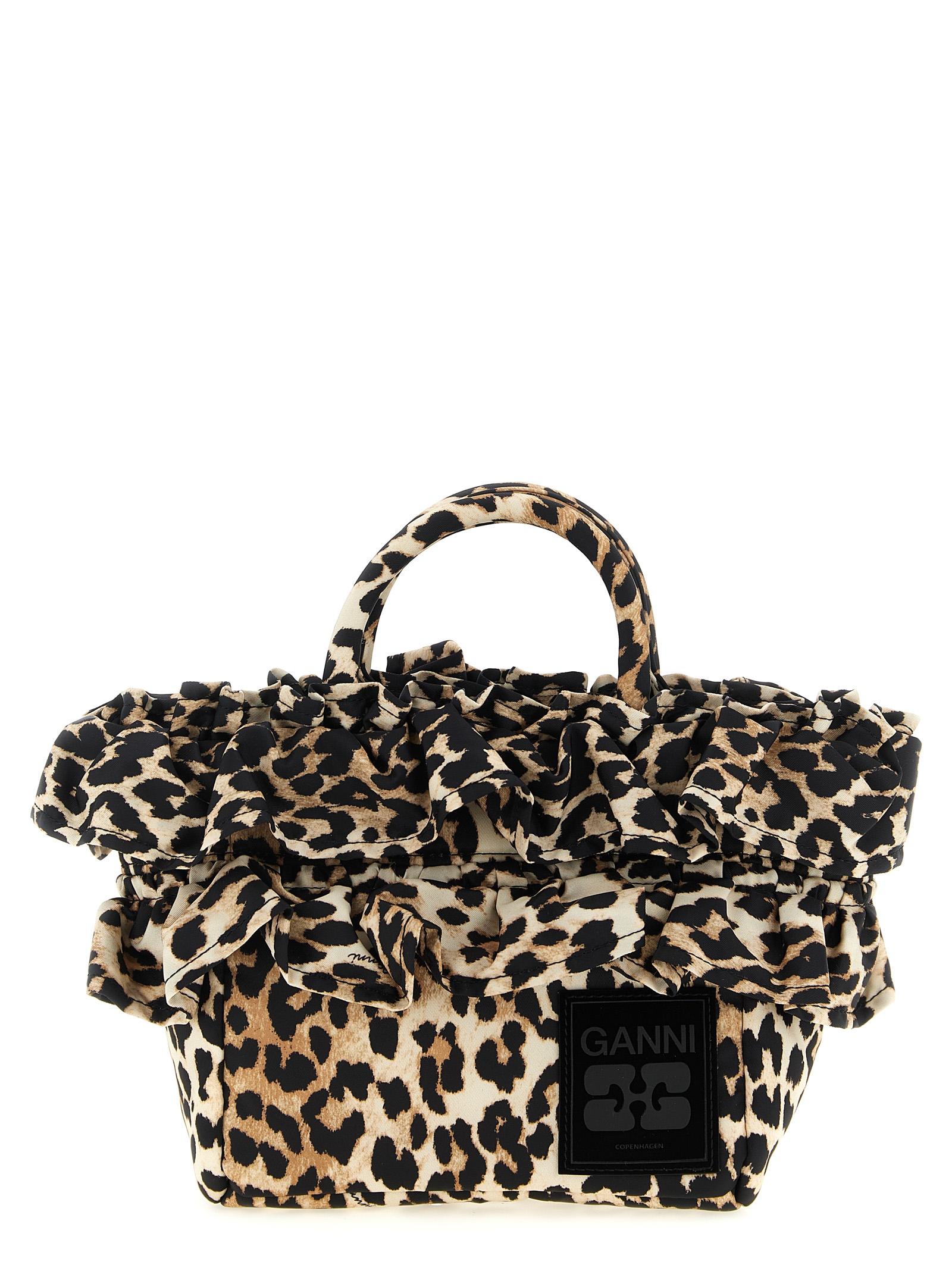 ganni mini shopper ruffle print handbag brown polyamide polyurethane hand bags - women