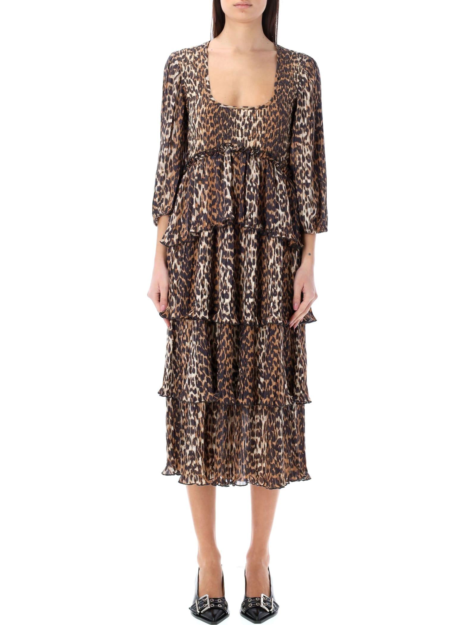 ganni pleated georgette leopard midi dress