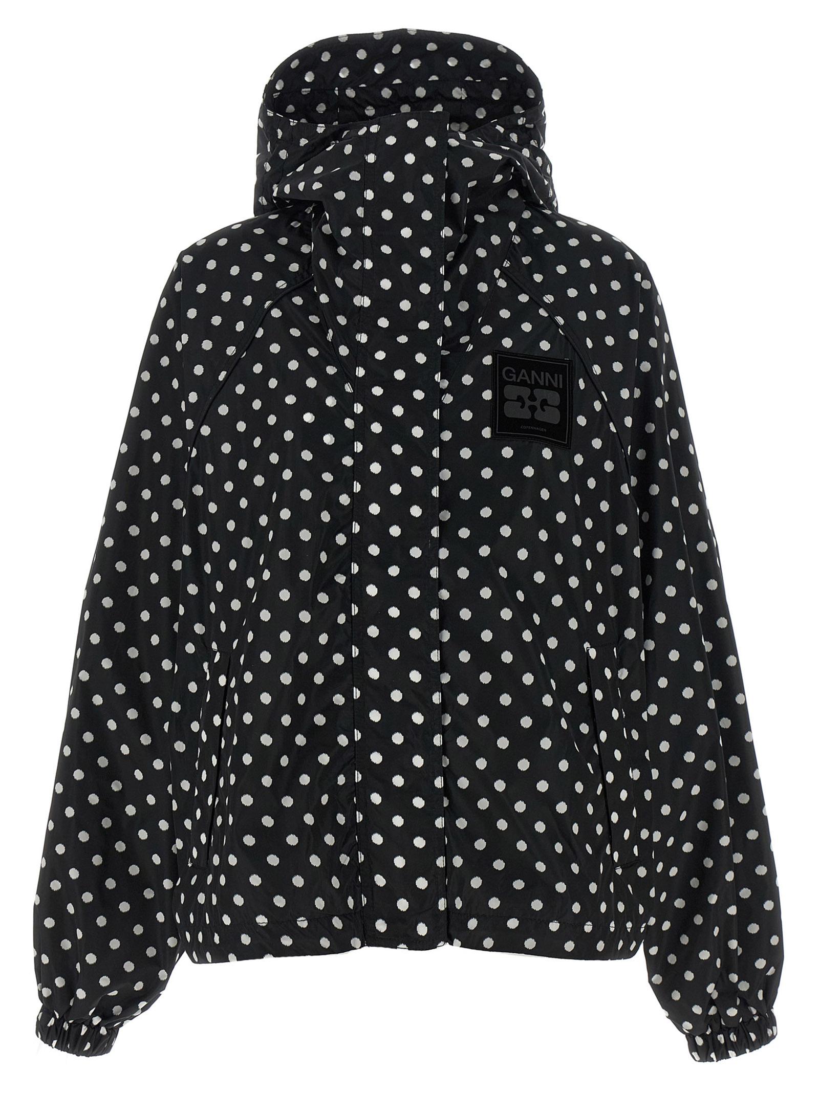ganni polka dot anorak white/black recycled polyamide down jacket, parka, casual jackets - women