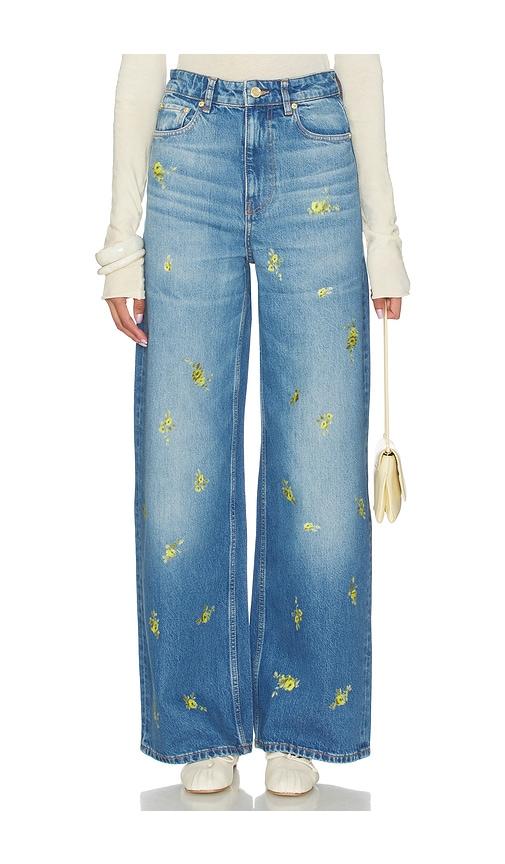 ganni printed flower denim lari jeans in blue.