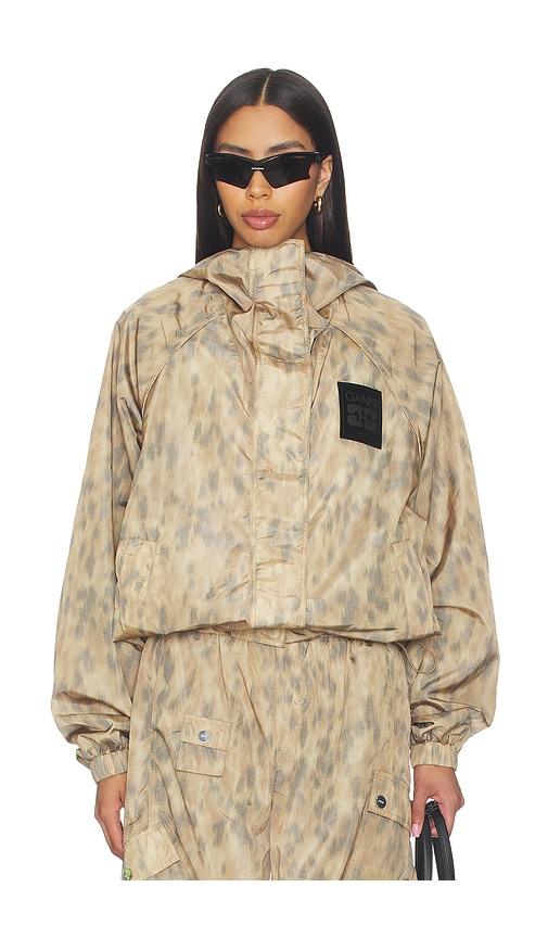 ganni printed flyweight nylon hooded jacket in beige.