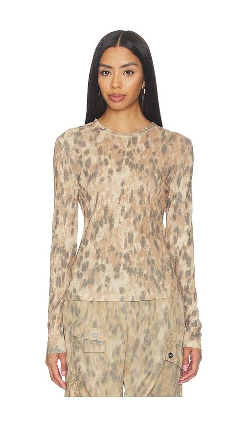 ganni printed marl mesh long sleeve top in beige.