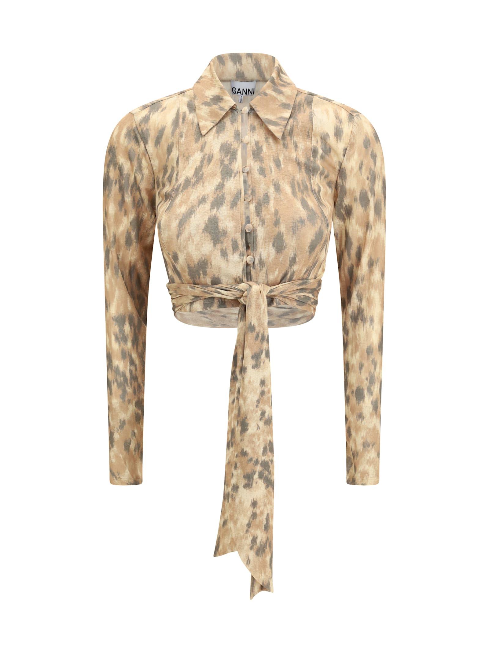ganni printed marl mesh tie blouse